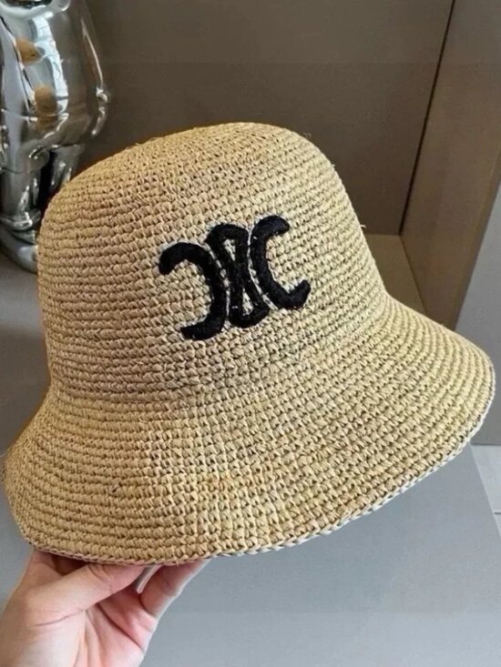 Celine Triomphe Raffia Bucket Hat Natural Straw Embroidered Triomphe Logo Sun Ha